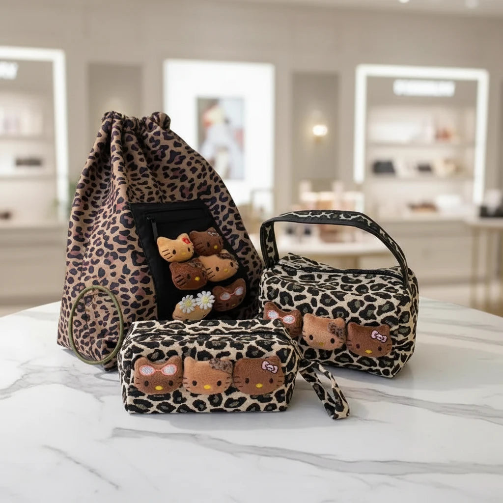 Cheetah Print Hello Kitty Plush Large Makeup HandBag