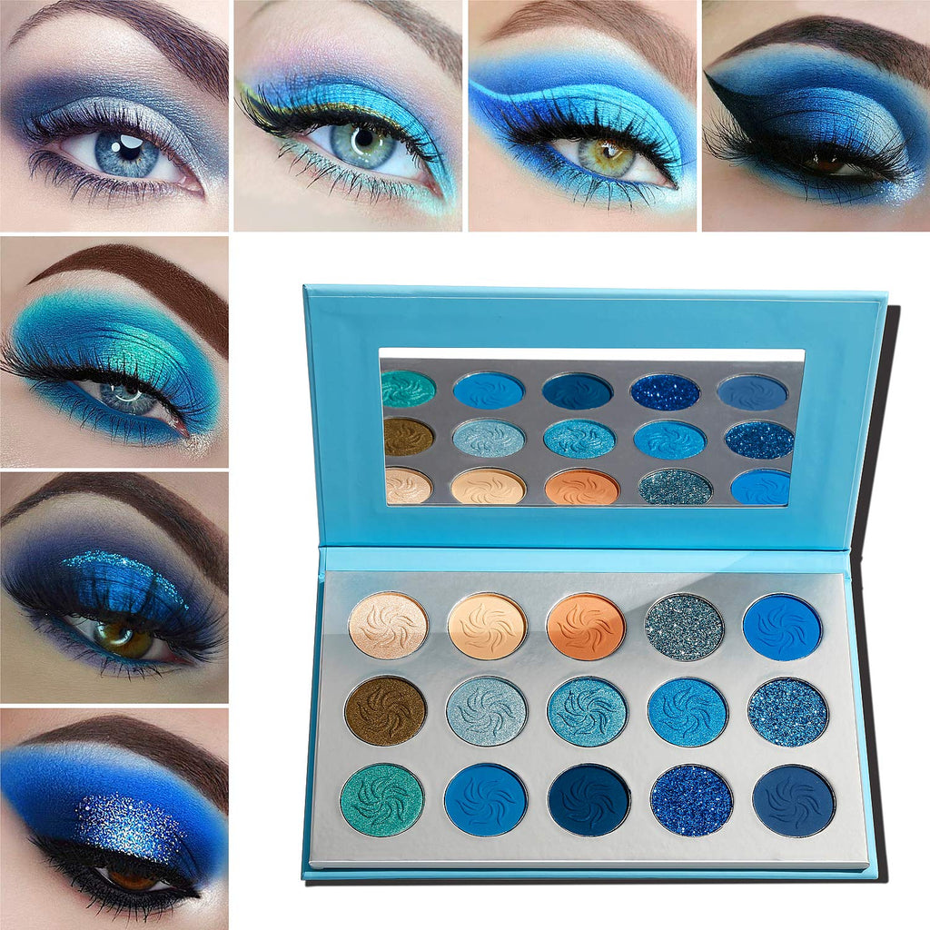 Blue Eyeshadow Palette Matte Shimmer, Highly Pigmented Colorful Navy Blue Eye Shadow Makeup Palette Waterproof, Nude Teal Silver Glitter Eyeshadow Pallet for Girl Women Daily Party Eyes Makeup