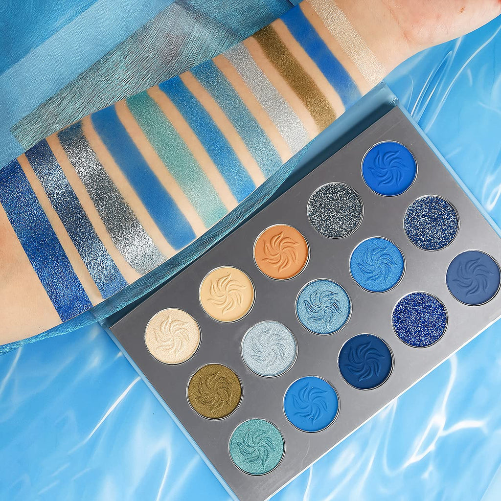 Blue Eyeshadow Palette Matte Shimmer, Highly Pigmented Colorful Navy Blue Eye Shadow Makeup Palette Waterproof, Nude Teal Silver Glitter Eyeshadow Pallet for Girl Women Daily Party Eyes Makeup